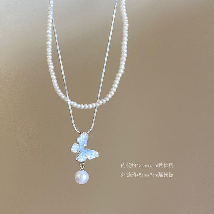 Wholesale Gradient ice crystal pearl butterfly tassel necklace collarbone chain neck chain accessory