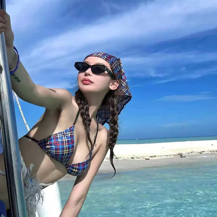 Wholesale Retro plaid print cute neck tie with three-point bikini