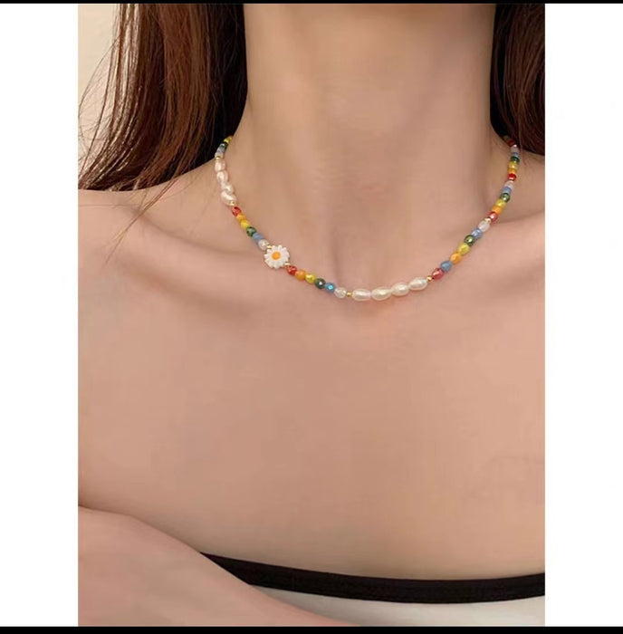 Wholesale Colorful Pearl Flower Necklace Women's Light Luxury Clavicle Chain Temperament Design Necklace