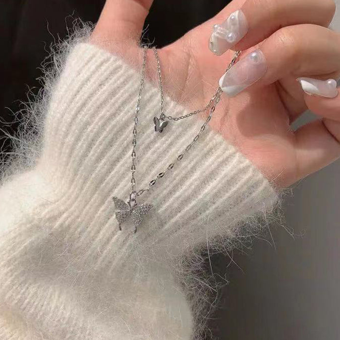 Wholesale Double-layer Butterfly Necklace ~ Flash Diamond  Chain