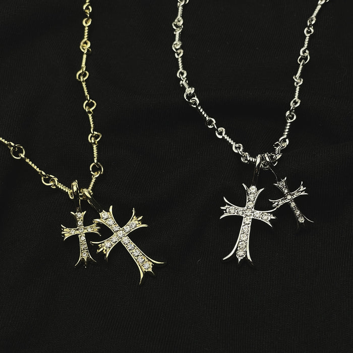 Wholesale Diamond studded double cross pendant for women, simple collarbone necklace for men, couple