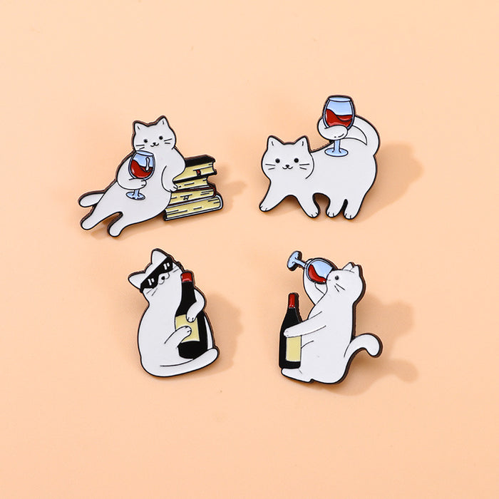 Wholesale Super cute cat cartoon badge personality cool white kitten drink red wine shape alloy enamel brooch