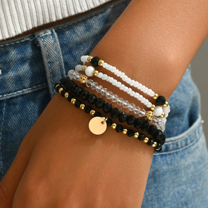 Wholesale Geometric Woven Glass Bead 5-Piece Bracelet Set Black White Jewelry Accessory MOQ≥2