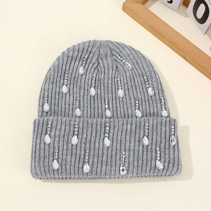 Wholesale Pearl sparkling diamond knitted hat,  double-layer outdoor warm woolen hat