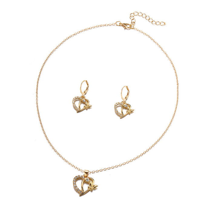 Wholesale New Jewelry Fashion Diamond Heart Earrings Versatile Alloy Butterfly Pendant Necklace Earring Set
