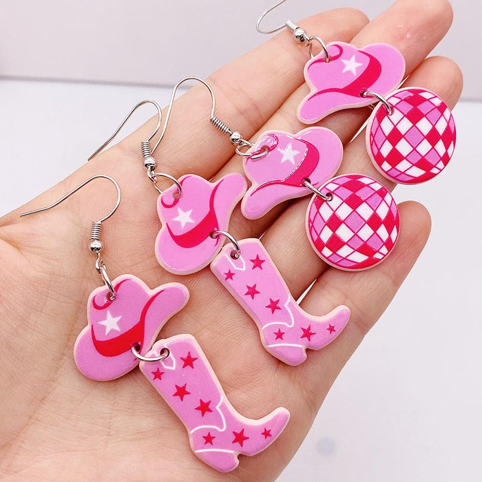 Wholesale Western Cowboy Style Pink Hat Boots Balloon Acrylic Earrings JDC-ES-Chengy032