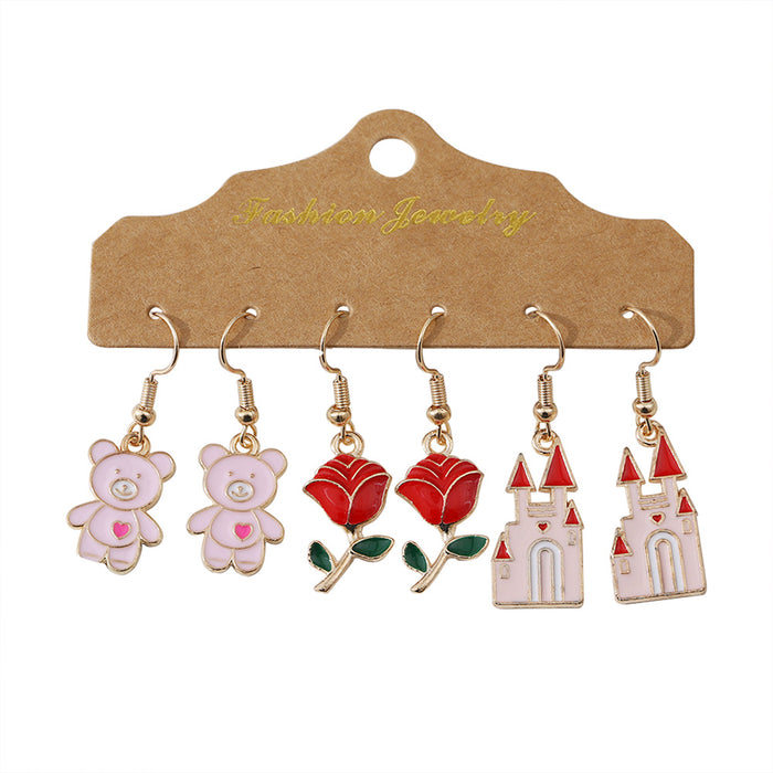 Wholesale Valentine' s Day Love Bear Rose Church Love Heartbeat Pendant Oil Dropping Earrings suit Earrings