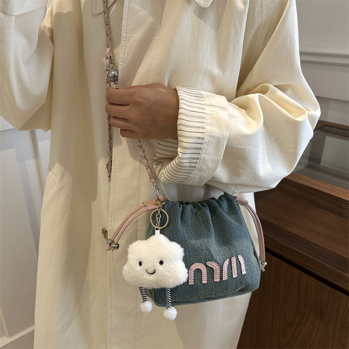 Wholesale Premium and niche canvas bag, chain crossbody bag, fashionable pleated bucket bag