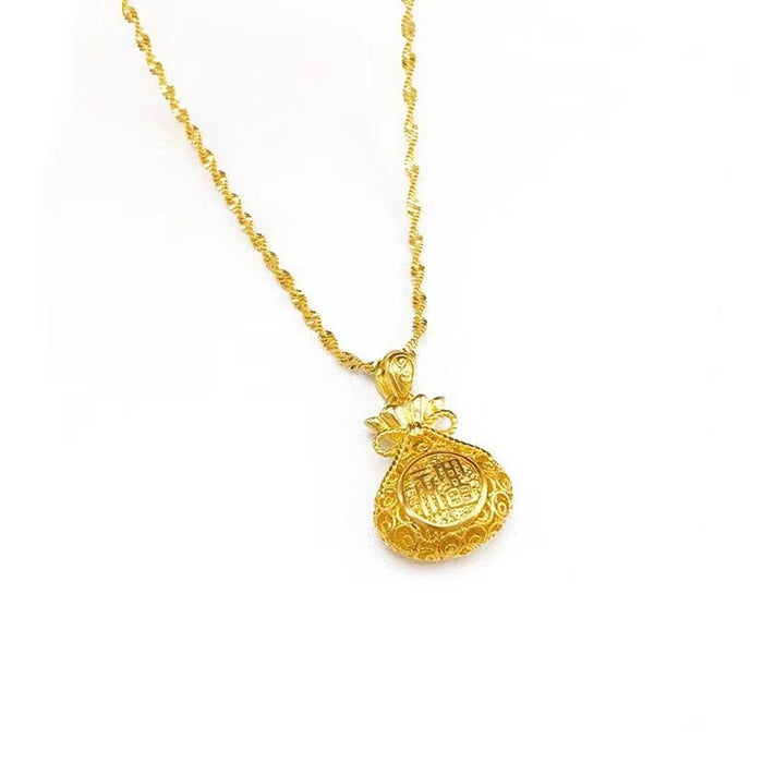 Wholesale Sand gold filigree hollow out lucky bag pendant necklace, brass gold-plated retro hollow out money bag pendant necklace accessories