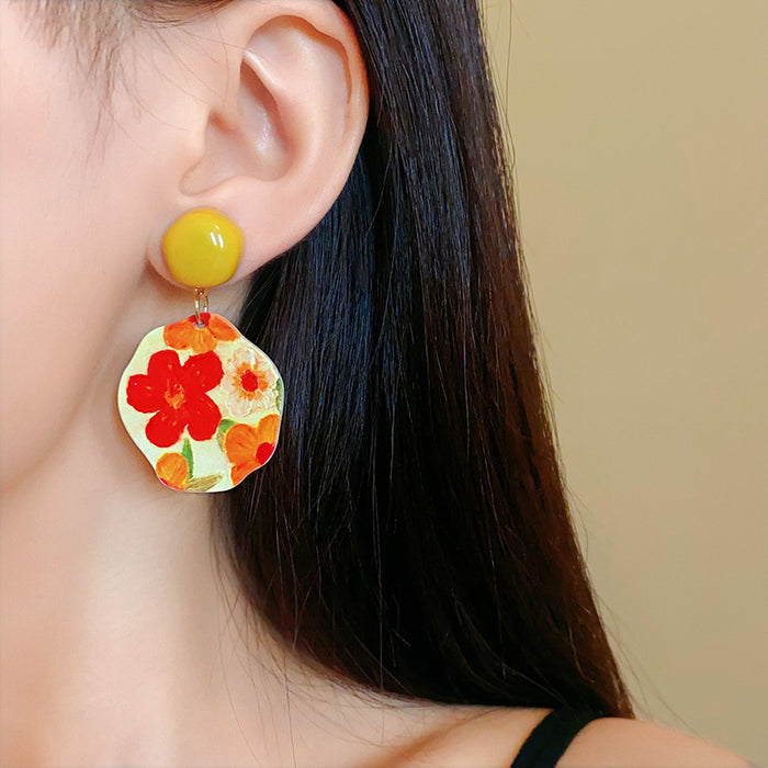 Wholesale Silver Acrylic Irregular Flower Earrings Pastoral Oil Painting Sweet  All-match Earrings
