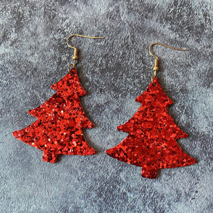 Wholesale Christmas leather earrings flash wave point double-sided Christmas tree shape earrings