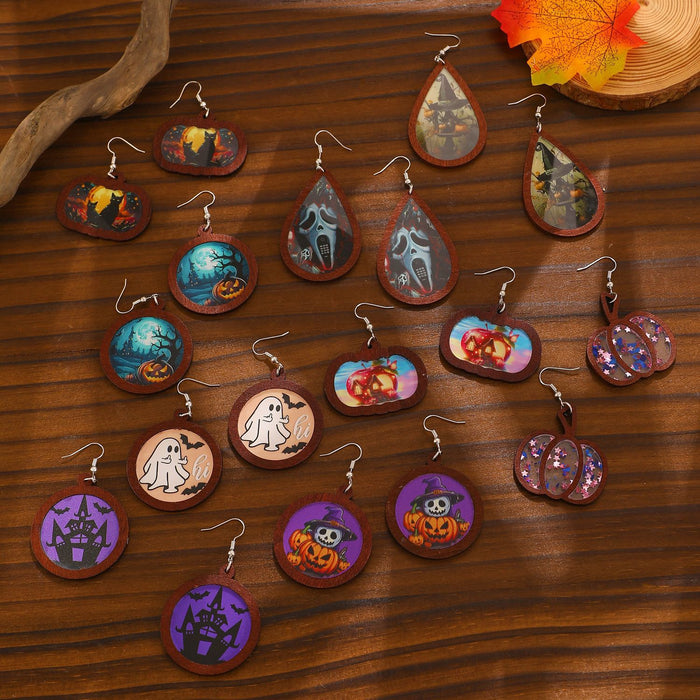 Wholesale Wooden Round Drop Earrings Castle Pumpkin Ghost Wizard Halloween Earrings