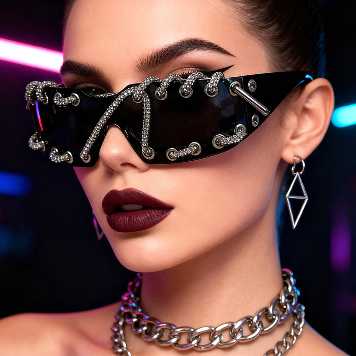 Wholesale Cyberpunk Rimless Rhinestone Sunglasses with Metal Rings and Rivets