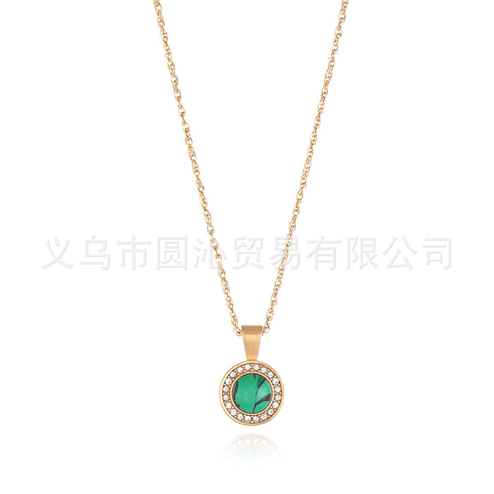 Wholesale Vintage diamond inlaid circular natural stone pendant necklace, light luxury niche stainless steel collarbone chain jewelry wholesale