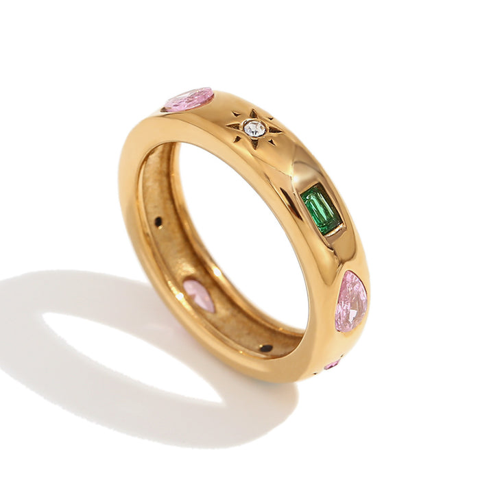 Wholesale Stainless steel gold-plated rectangular teardrop geometric colored zircon ring