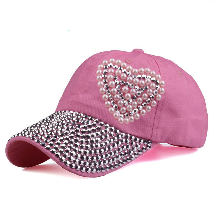 Wholesale Full-brimmed rhinestone baseball cap with heart-shaped rhinestone pattern