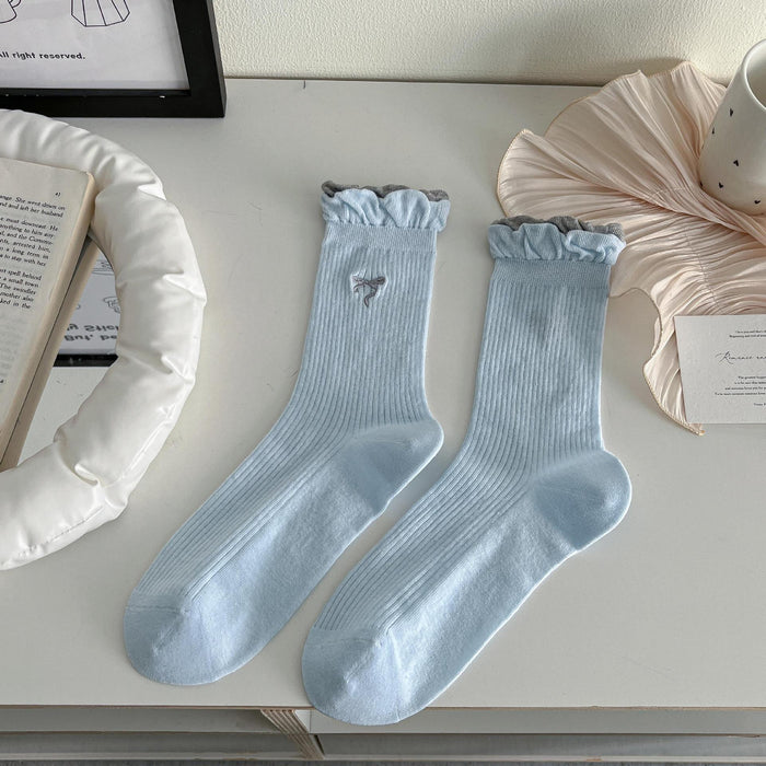 Wholesale Socks, thin, mid tube, antibacterial, hollowed out, butterfly knot embroidered, versatile socks