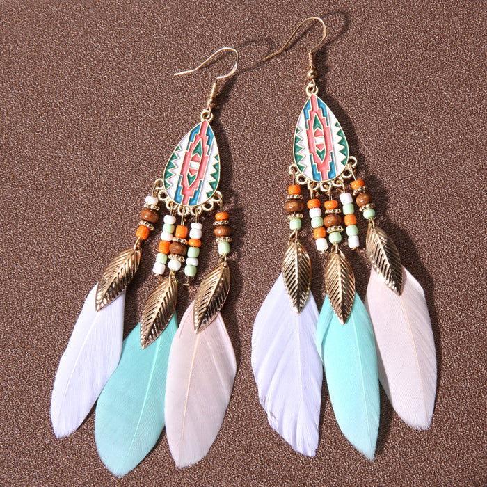 Wholesale Alloy Bohemian Water Droplet Tassel Feather Earrings JDC-ES-Gumi012