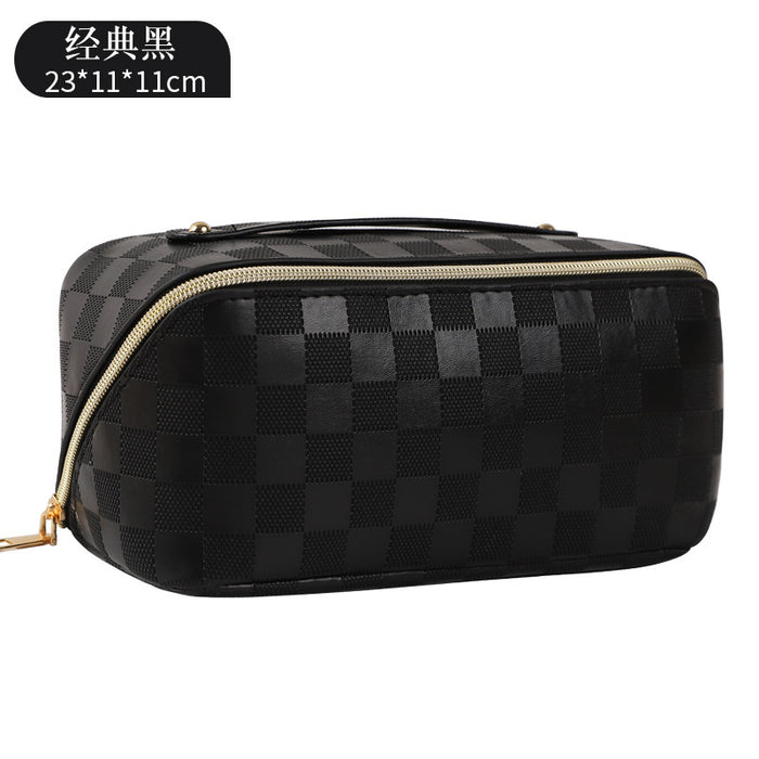 Wholesale PU Leather Makeup Bag Checkered Pillow Bag Large Capacity Toilet Bag Multi functional Waterproof Storage Bag