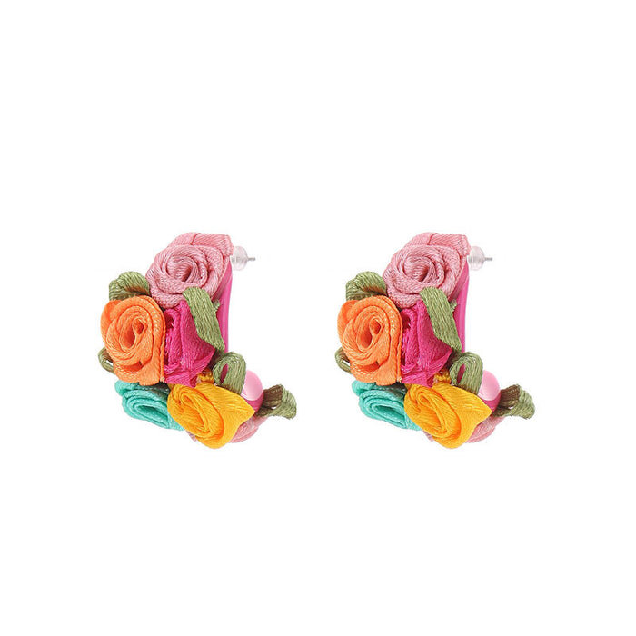 Wholesale Fabric Design Earrings Colorful C-shaped Flower Studs JDC-ES-Gute060