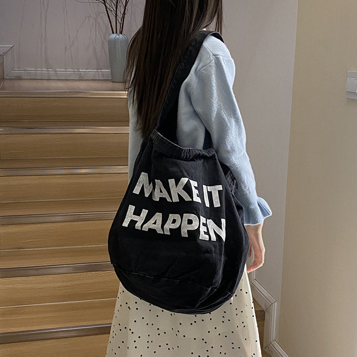 Wholesale Fashionable printed letter shoulder bag, casual versatile denim tote bag, large capacity canvas bag