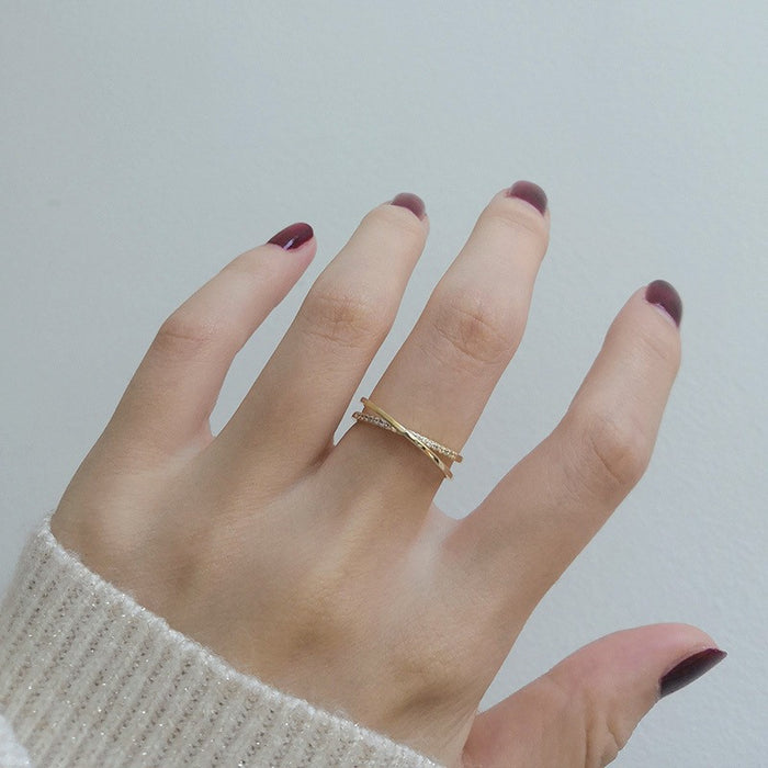 Wholesale Pure silver gold-plated niche personalized design, three-dimensional cross set diamond adjustable index finger ring ring