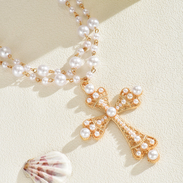 Wholesale Pearl studded cross necklace, high-end women's accessories