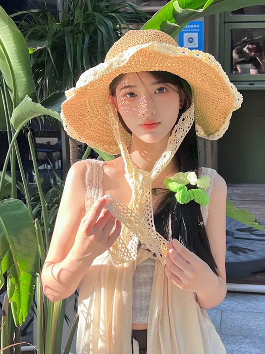 Wholesale Lace lace straw hat with curled edges and hollowed out Lafite sun hat, large brim