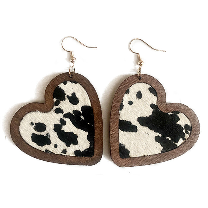 Wholesale  Valentine' s Day Genuine Leather Earrings Love Leopard Horse Hair Inlaid Wooden Earrings