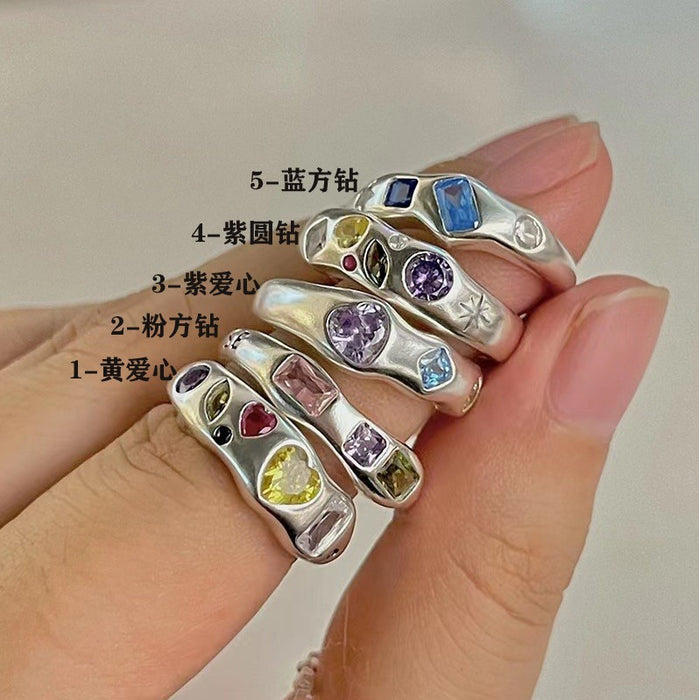 Wholesale Colorful zircon heart-shaped ring with female niche design, adjustable index finger ring ring
