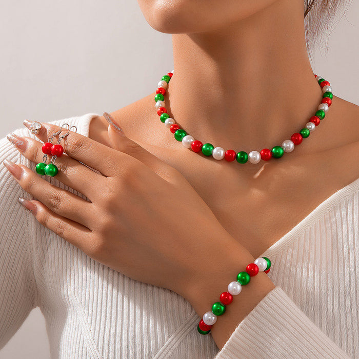 Wholesale Christmas Cute Red Green Bell Bead 3-Piece Jewelry Set for Party Gift MOQ≥2