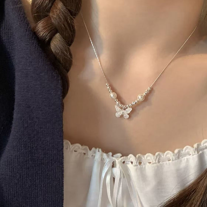Wholesale Silver Butterfly Imitation Pearl Necklace Women's Simple All-match Fresh Gift