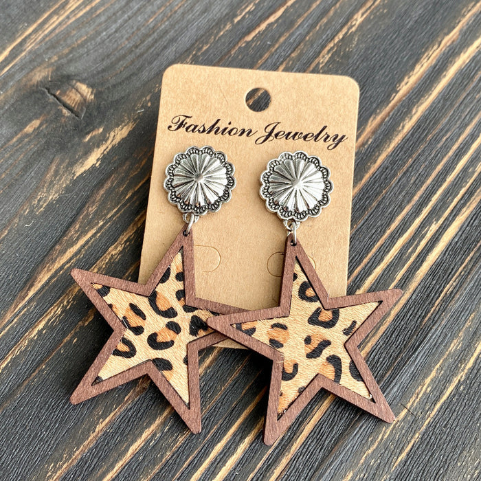 Wholesale Western Denim five-pointed star Natural genuine leather earrings leopard print milk pattern inlaid earrings