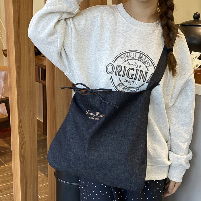 Wholesale Collar bag, fashionable and versatile, double-sided denim tote bag, large capacity shoulder bag