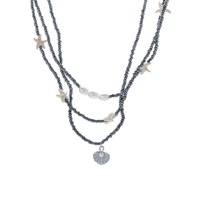 Wholesale New stacked black bead starfish necklace shell pendant necklace, personalized and fashionable collarbone chain