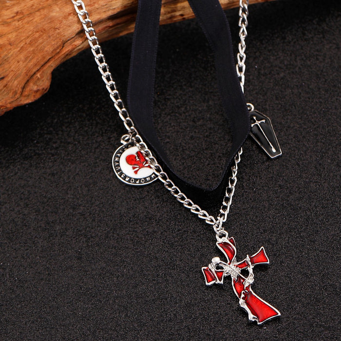 Wholesale Double-Layered Collarbone Chain Black Cross Personalized Fashion Pendant Pumpkin Skull