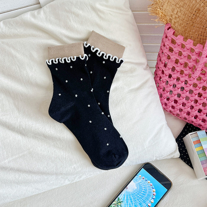 Wholesale Sweet and fashionable rolled edge polka dot combed cotton pile socks