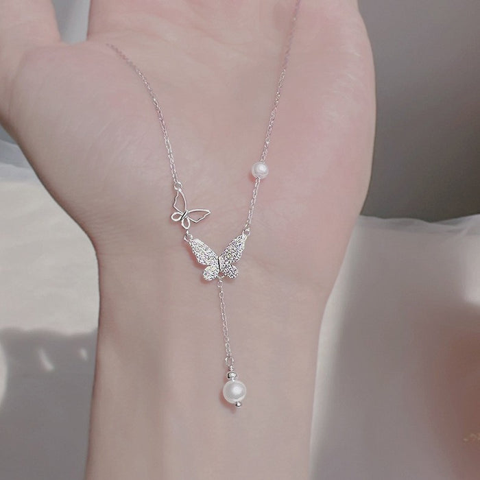 Wholesale New butterfly inspired pearl studded diamond necklace with luxurious design and collarbone chain