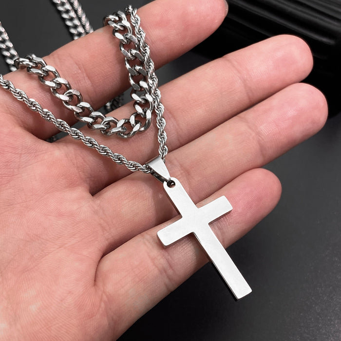 Wholesale Stainless steel smooth cross titanium steel jewelry accessories, personalized double-layer layered necklace, sweater chain