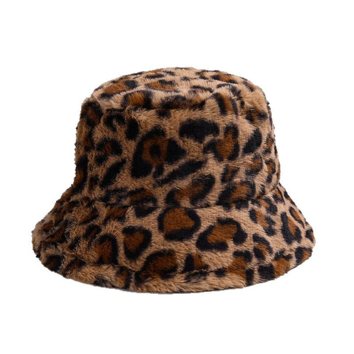 Wholesale Women' s winter face-enhancing leopard print bucket hat women' s versatile warm basin hat plush bucket hat