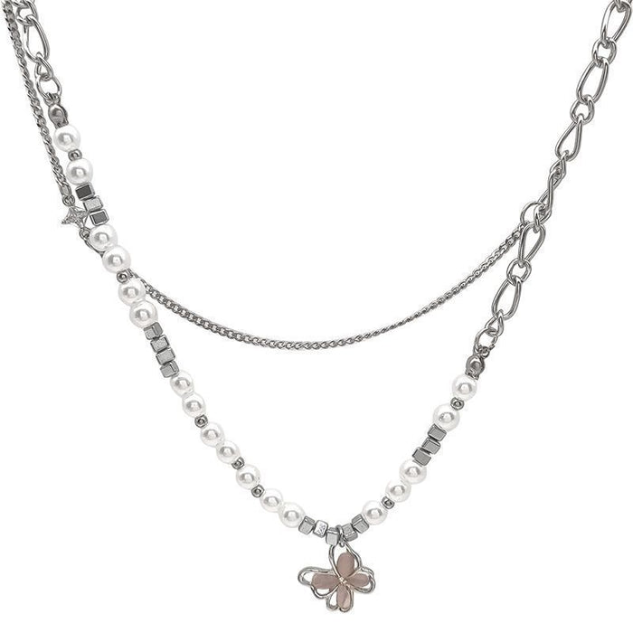 Wholesale New Zircon Pearl Cat Eye Stone Butterfly Necklace Double layered Pendant Clavicle Chain Beads