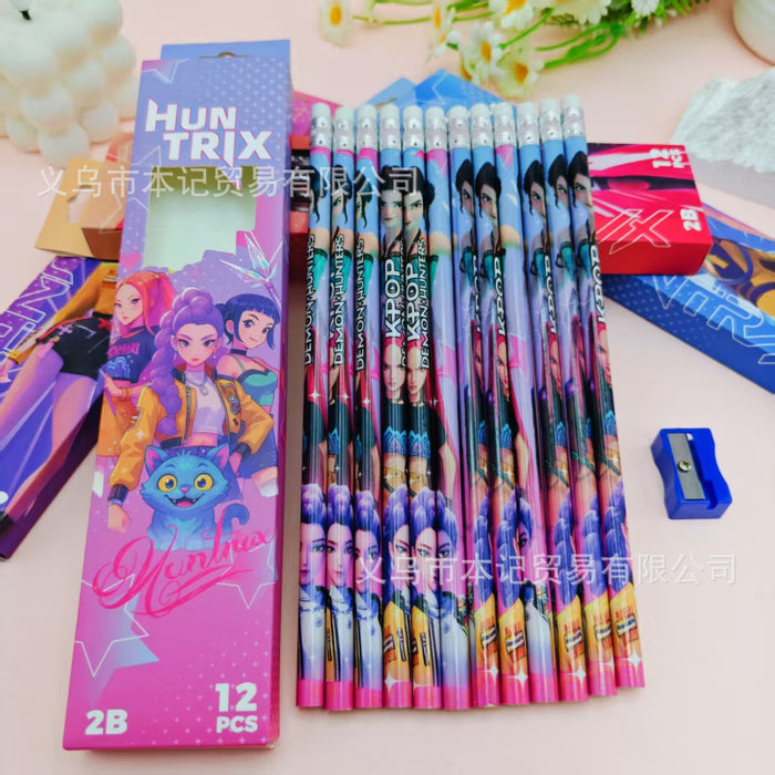 Wholesale Kpop Cartoon 12-Pack Wooden 2B Erasers and Pencils for Kindergarten Students