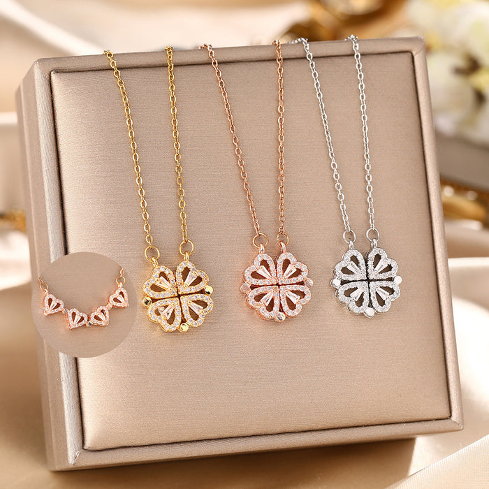 Wholesale Micro-diamond four-leaf clover openable pendant titanium steel necklace