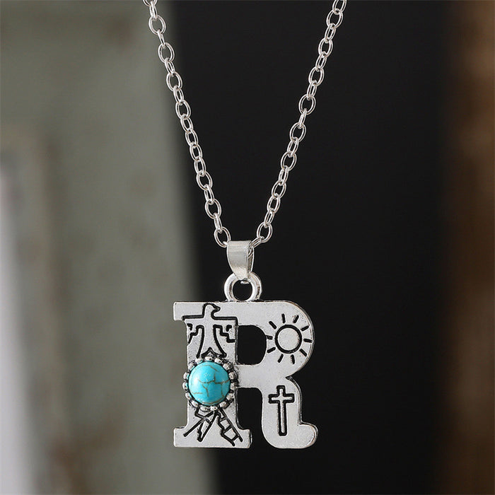 Wholesale 2pcs Retro 26 English Letter Turquoise Necklace