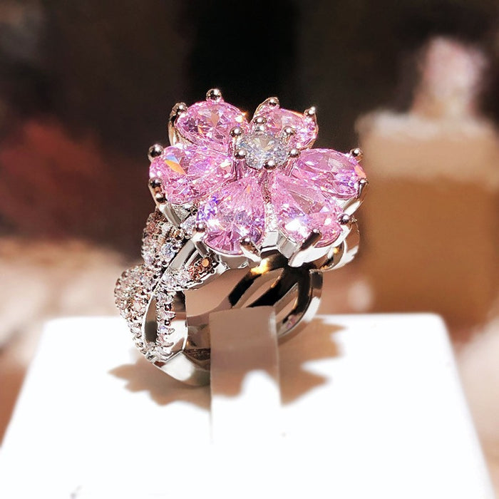 Wholesale Cross-border hot sale fashion light luxury pink heart-shaped zircon ring female sweet super shiny pink diamond flower ring bracelet