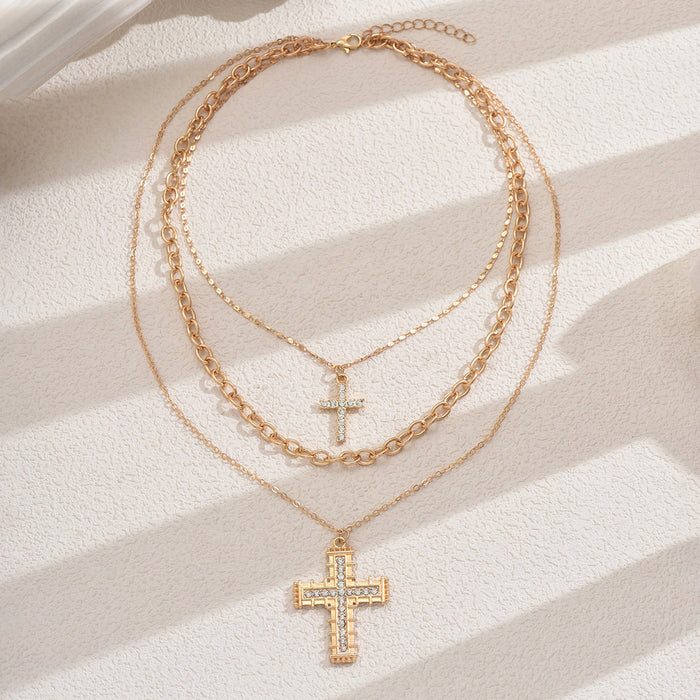 Wholesale Fashionable and trendy double-layer cross pendant necklace with niche design and diamond studded creative collarbone chain