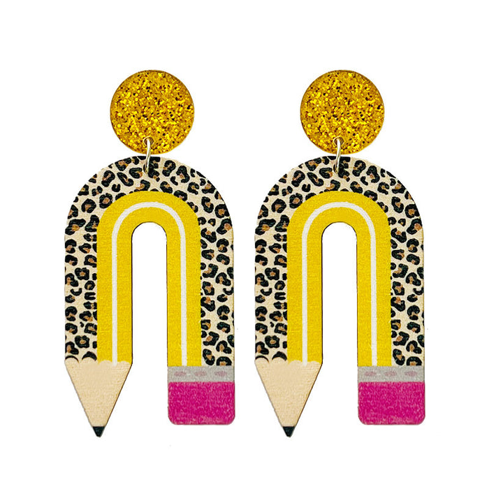 Wholesale 2 Pairs/Pack Wooden Printing Pencil U Shape Leopard Print Color Matching Earrings JDC-ES-HeYi072