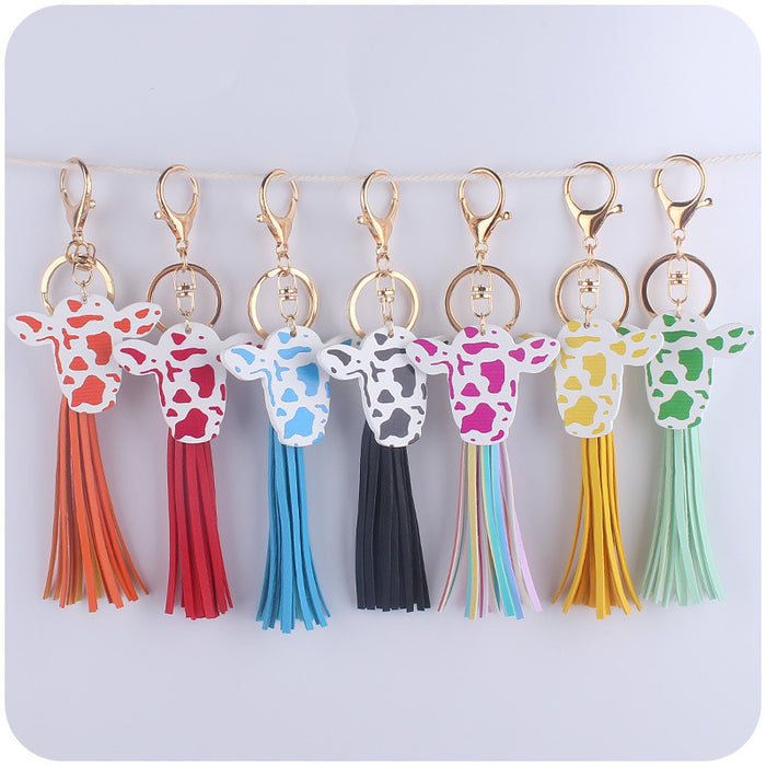 Wholesale Cartoon Western Bull Head Wooden Pendant Creative Colorful Long Tassel Key Ring Pendant