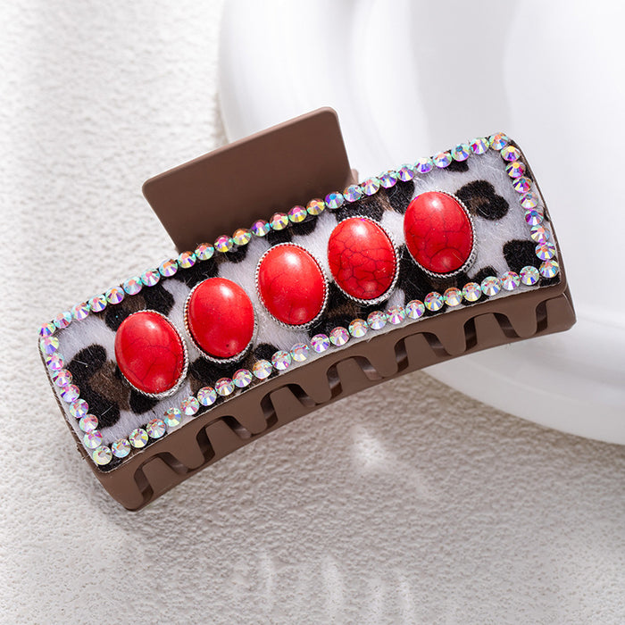 Wholesale Bohemian Turquoise Western Grabber Retro Leopard Sequin Leather Ethnic Style Shark Clip