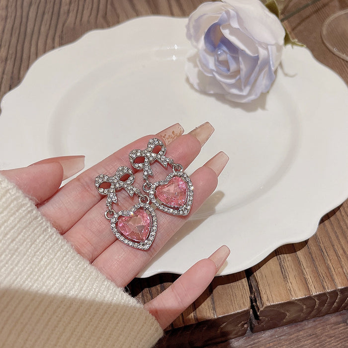 Wholesale Pink Zircon Heart Diamond Bow Tie Alloy Earrings JDC-ES-HanJ009